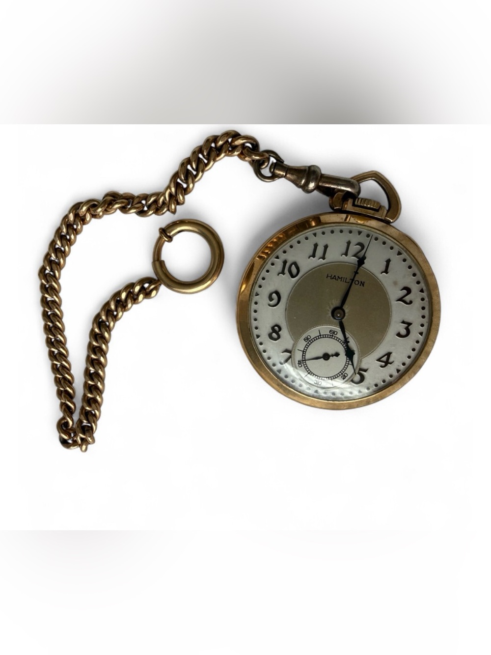 Vtg Working Hamilton 17 Jewel Open Face Gold Filled Pocket Watch 3323823 chain